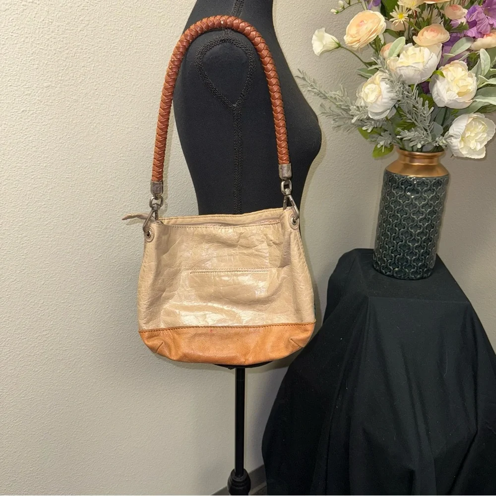 The Sak Tan Leather Shoulder Bag Boho Beaded Accent Braided Strap Medium